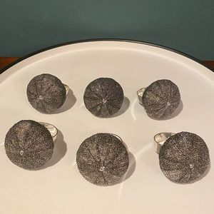 Set of 6 Pottery Barn Sea Urchin Napkin Rings - Silver